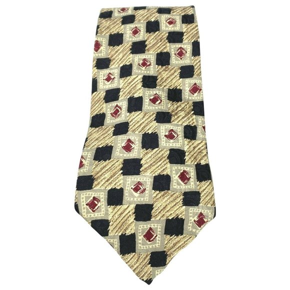 Robert Talbott Foursome Tie 100% Silk Mens Necktie Geometric Tan Black Red‎ VTG - Picture 1 of 8